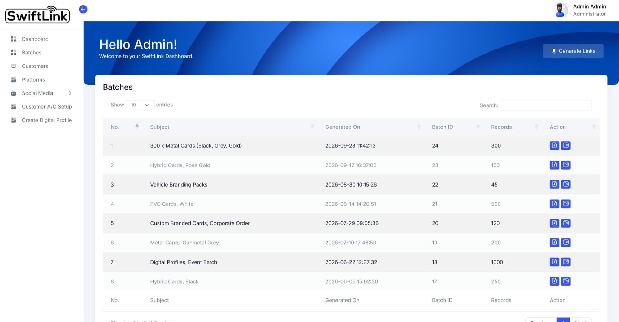 The admin batch generator creating unique card profile addresses