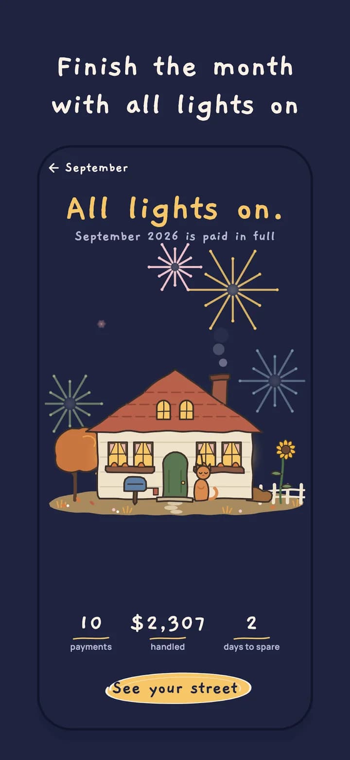 Paylist screen celebrating a month paid in full, with the house lit up