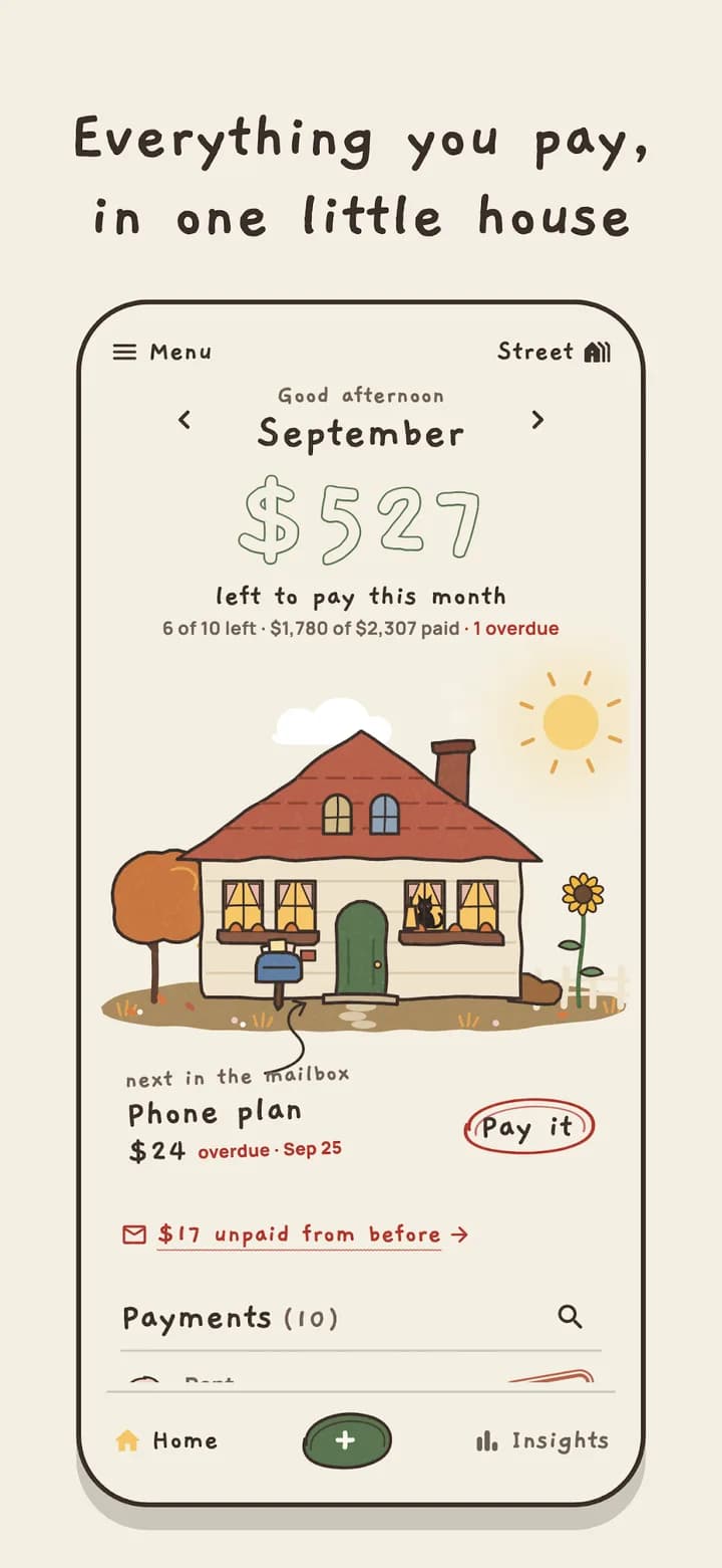 Paylist home screen with the little house and the amount left to pay this month