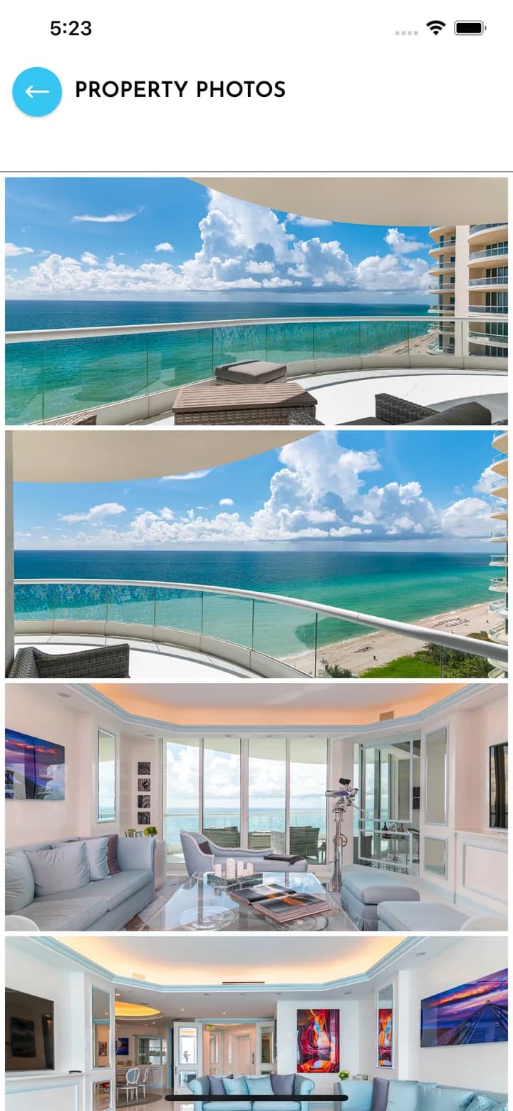 SIR Group app property photo gallery showing ocean views and interiors