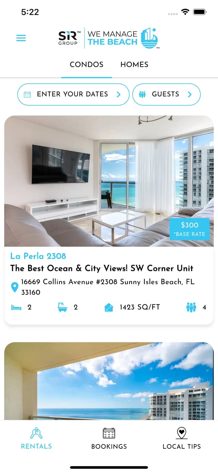 SIR Group app condo listing for an ocean-view unit in Sunny Isles Beach