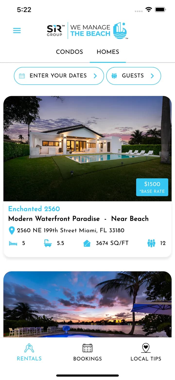 SIR Group app home screen listing a waterfront rental in Miami, with date and guest filters
