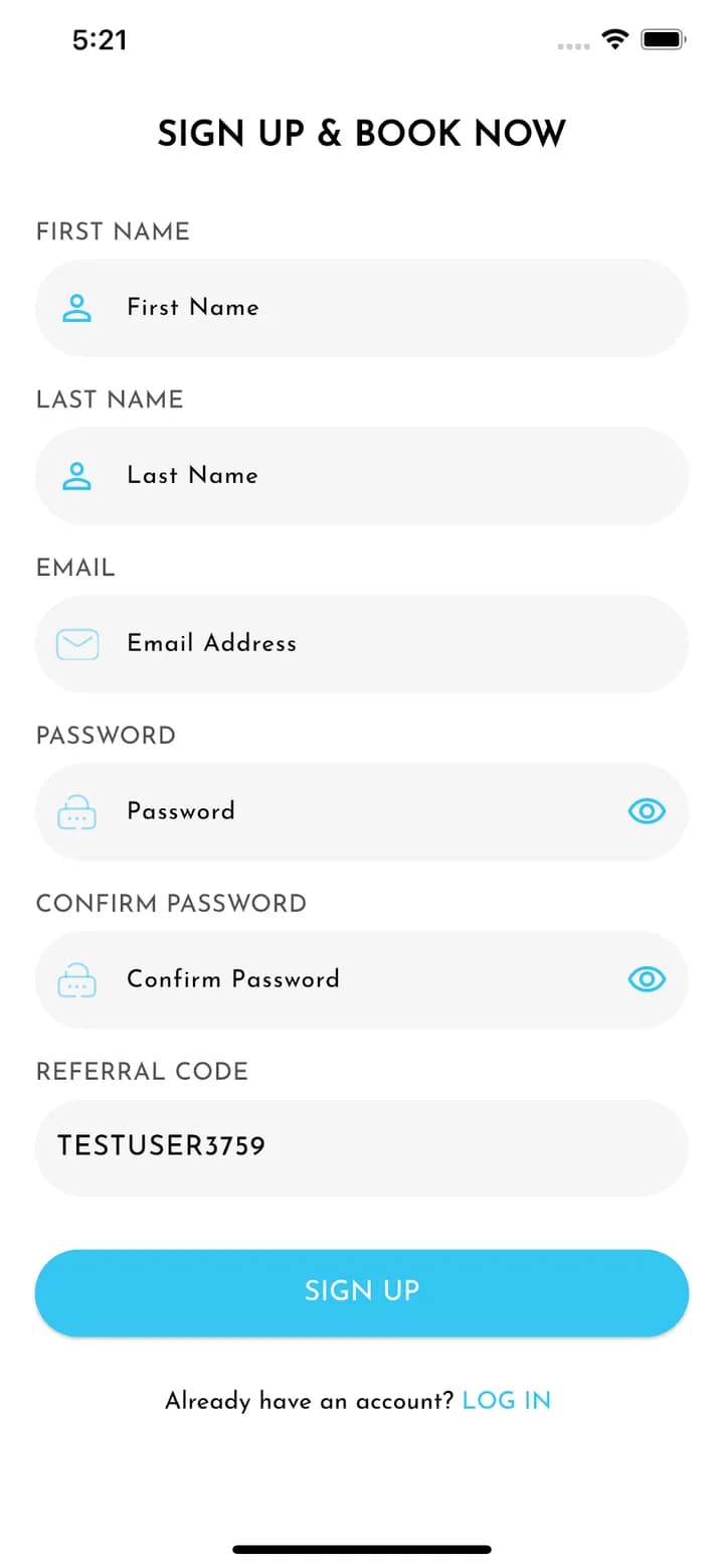 SIR Group app sign up and booking screen with a referral code field